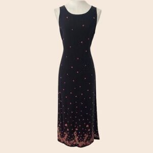 Vintage Navy Blue Floral 90's Tie Back Midi Dress Size Small/ Medium